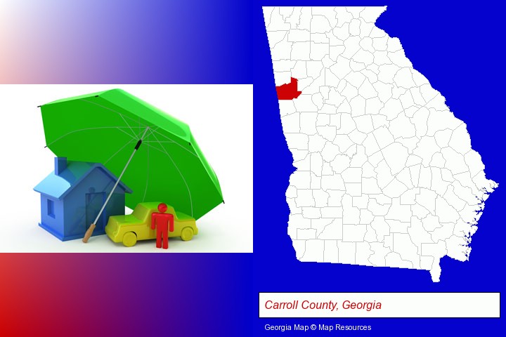 types of insurance; Carroll County, Georgia highlighted in red on a map