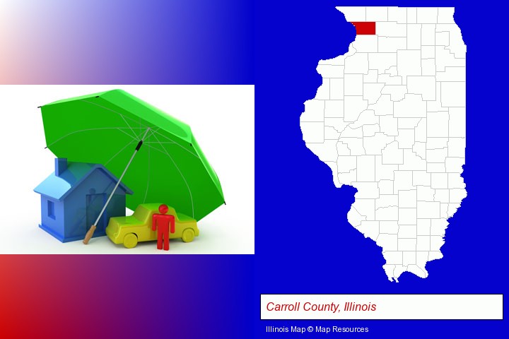 types of insurance; Carroll County, Illinois highlighted in red on a map
