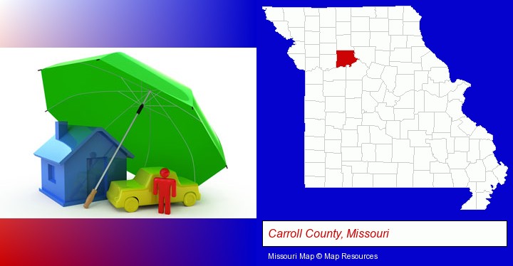 types of insurance; Carroll County, Missouri highlighted in red on a map