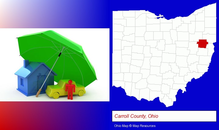 types of insurance; Carroll County, Ohio highlighted in red on a map