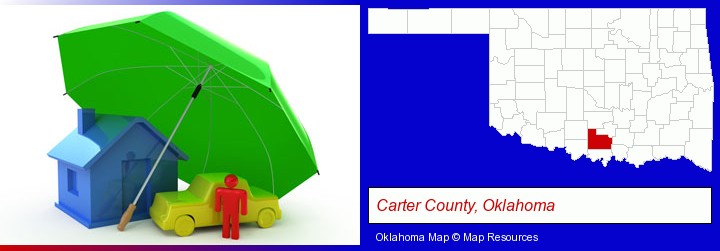 types of insurance; Carter County, Oklahoma highlighted in red on a map
