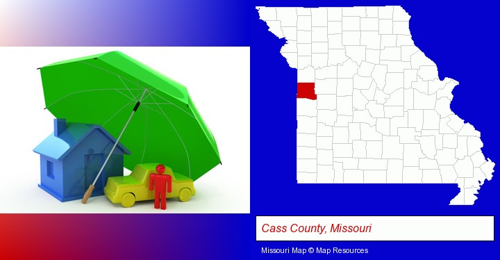 types of insurance; Cass County, Missouri highlighted in red on a map
