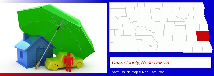 types of insurance; Cass County, North Dakota highlighted in red on a map