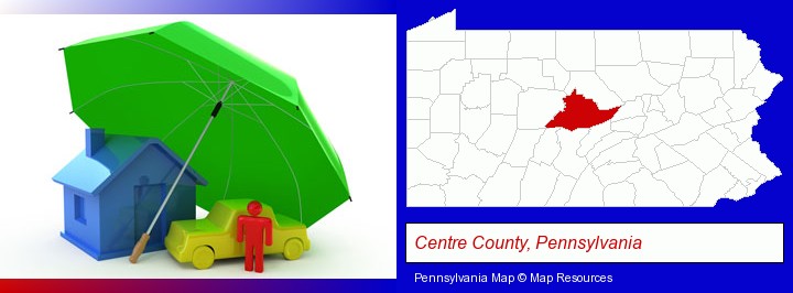 types of insurance; Centre County, Pennsylvania highlighted in red on a map