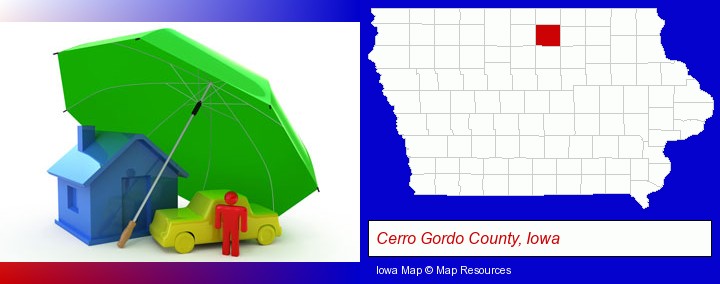 types of insurance; Cerro Gordo County, Iowa highlighted in red on a map
