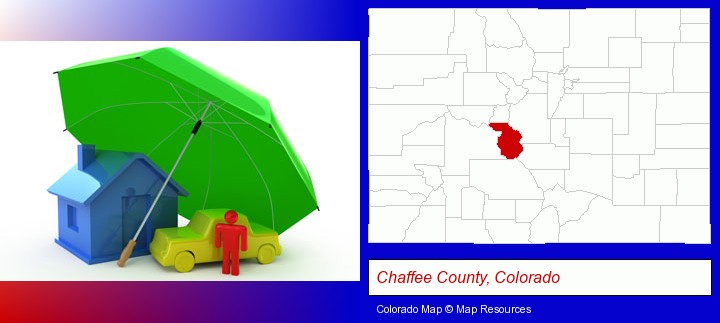 types of insurance; Chaffee County, Colorado highlighted in red on a map