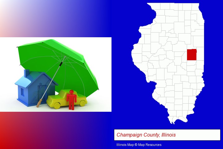 types of insurance; Champaign County, Illinois highlighted in red on a map