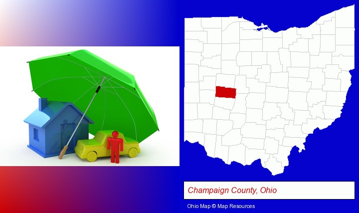 types of insurance; Champaign County, Ohio highlighted in red on a map