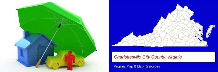 types of insurance; Charlottesville City County, Virginia highlighted in red on a map