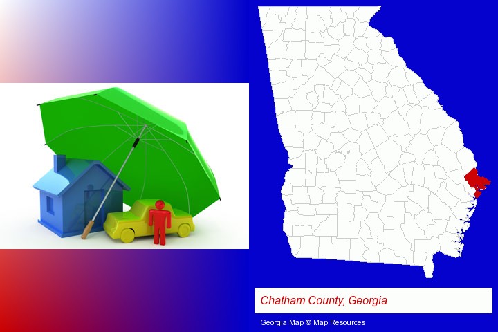 types of insurance; Chatham County, Georgia highlighted in red on a map