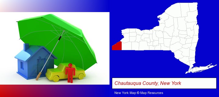 types of insurance; Chautauqua County, New York highlighted in red on a map