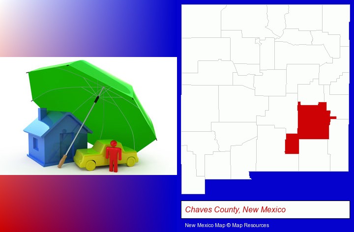 types of insurance; Chaves County, New Mexico highlighted in red on a map