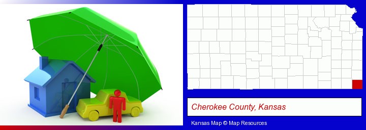 types of insurance; Cherokee County, Kansas highlighted in red on a map