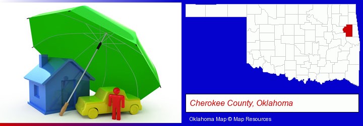 types of insurance; Cherokee County, Oklahoma highlighted in red on a map