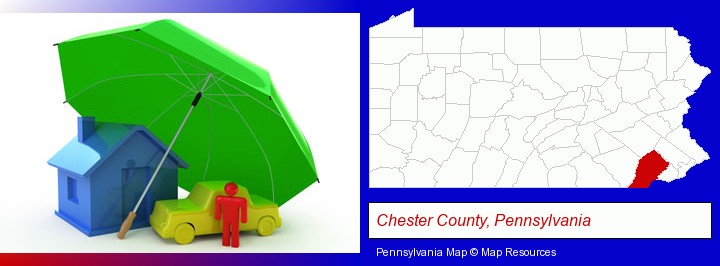 types of insurance; Chester County, Pennsylvania highlighted in red on a map