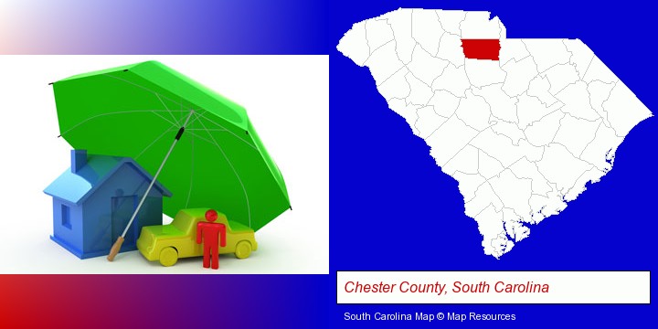 types of insurance; Chester County, South Carolina highlighted in red on a map