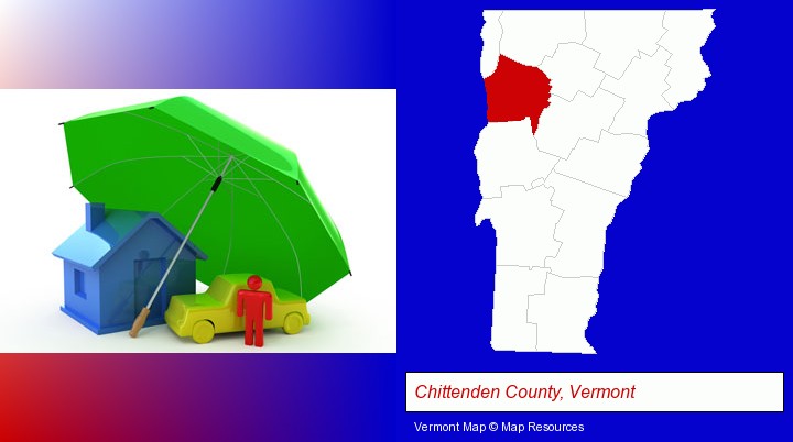 types of insurance; Chittenden County, Vermont highlighted in red on a map