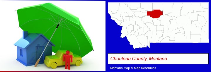 types of insurance; Chouteau County, Montana highlighted in red on a map