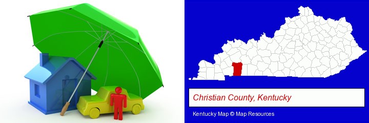types of insurance; Christian County, Kentucky highlighted in red on a map