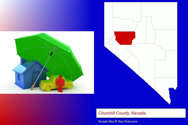 types of insurance; Churchill County, Nevada highlighted in red on a map