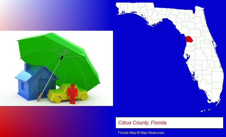 types of insurance; Citrus County, Florida highlighted in red on a map