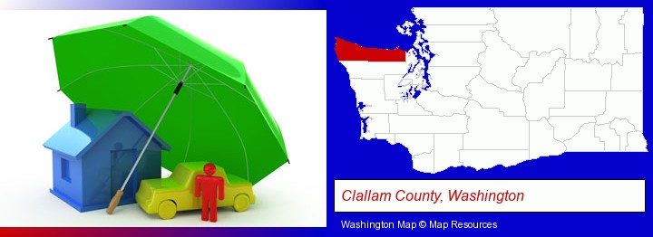 types of insurance; Clallam County, Washington highlighted in red on a map