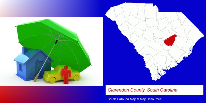 types of insurance; Clarendon County, South Carolina highlighted in red on a map