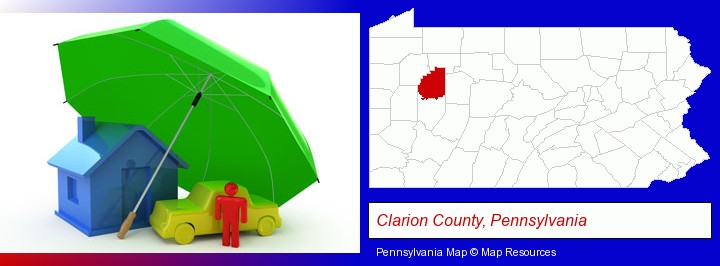 types of insurance; Clarion County, Pennsylvania highlighted in red on a map