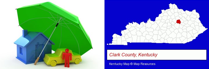 types of insurance; Clark County, Kentucky highlighted in red on a map