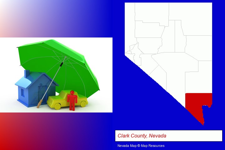 types of insurance; Clark County, Nevada highlighted in red on a map