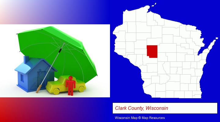 types of insurance; Clark County, Wisconsin highlighted in red on a map