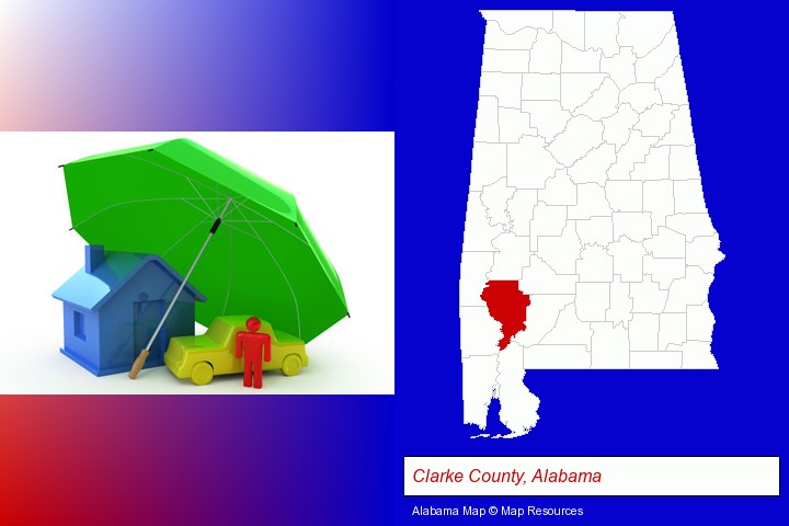 types of insurance; Clarke County, Alabama highlighted in red on a map