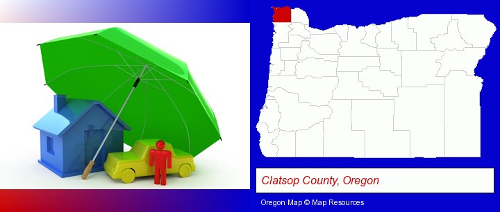 types of insurance; Clatsop County, Oregon highlighted in red on a map