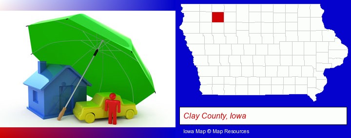types of insurance; Clay County, Iowa highlighted in red on a map