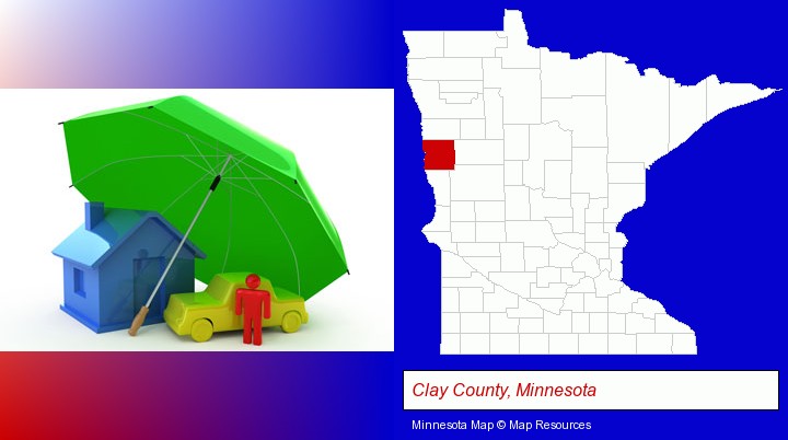 types of insurance; Clay County, Minnesota highlighted in red on a map