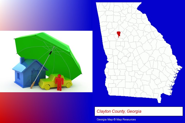types of insurance; Clayton County, Georgia highlighted in red on a map