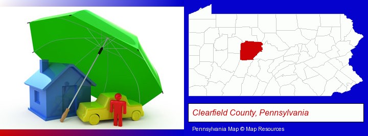 types of insurance; Clearfield County, Pennsylvania highlighted in red on a map