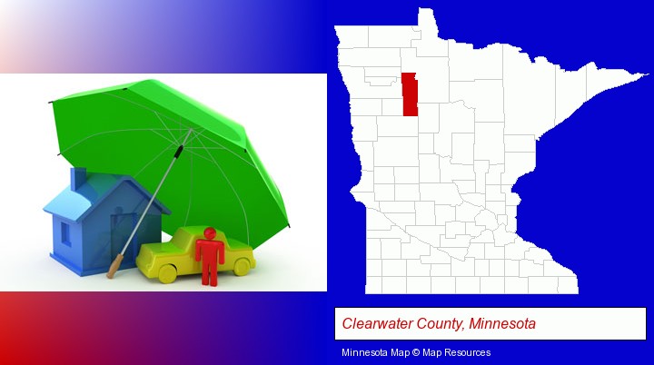 types of insurance; Clearwater County, Minnesota highlighted in red on a map