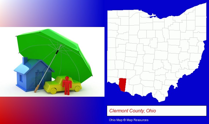 types of insurance; Clermont County, Ohio highlighted in red on a map