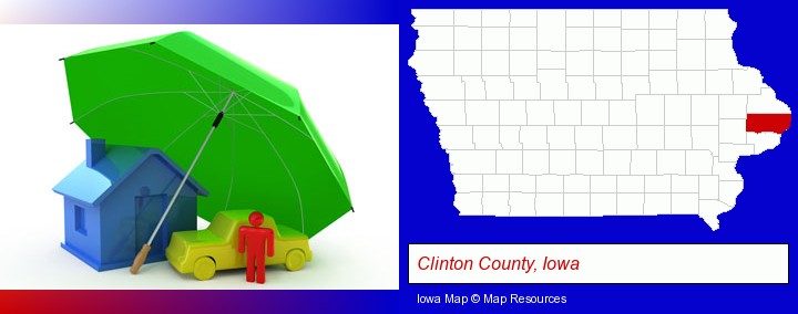 types of insurance; Clinton County, Iowa highlighted in red on a map