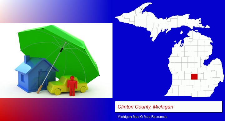 types of insurance; Clinton County, Michigan highlighted in red on a map