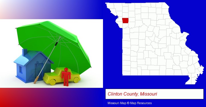 types of insurance; Clinton County, Missouri highlighted in red on a map