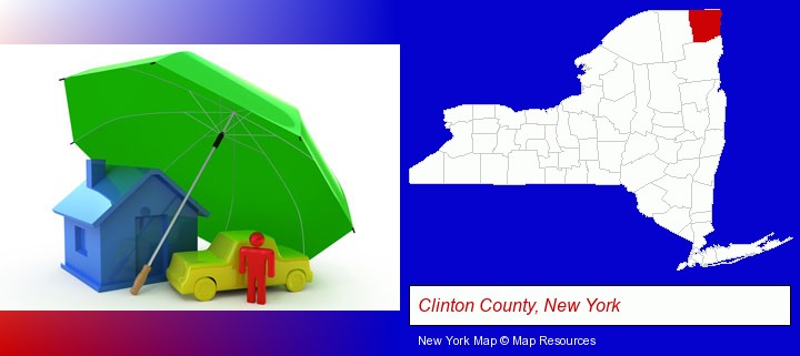 types of insurance; Clinton County, New York highlighted in red on a map