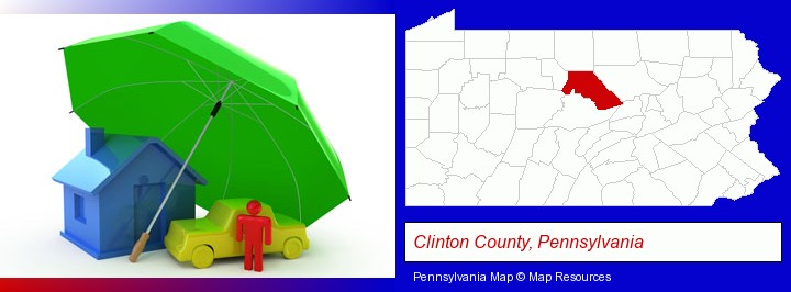 types of insurance; Clinton County, Pennsylvania highlighted in red on a map