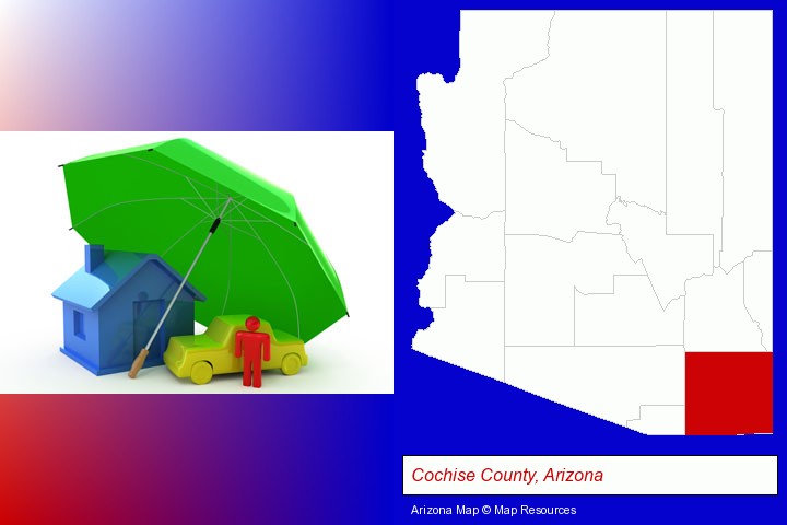 types of insurance; Cochise County, Arizona highlighted in red on a map