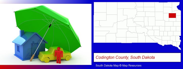 types of insurance; Codington County, South Dakota highlighted in red on a map
