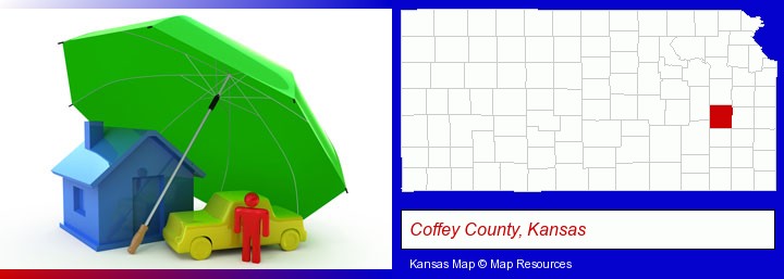 types of insurance; Coffey County, Kansas highlighted in red on a map