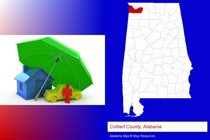 types of insurance; Colbert County, Alabama highlighted in red on a map