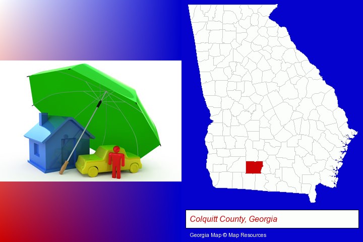 types of insurance; Colquitt County, Georgia highlighted in red on a map
