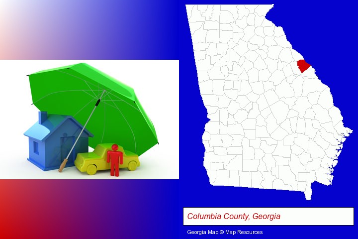 types of insurance; Columbia County, Georgia highlighted in red on a map